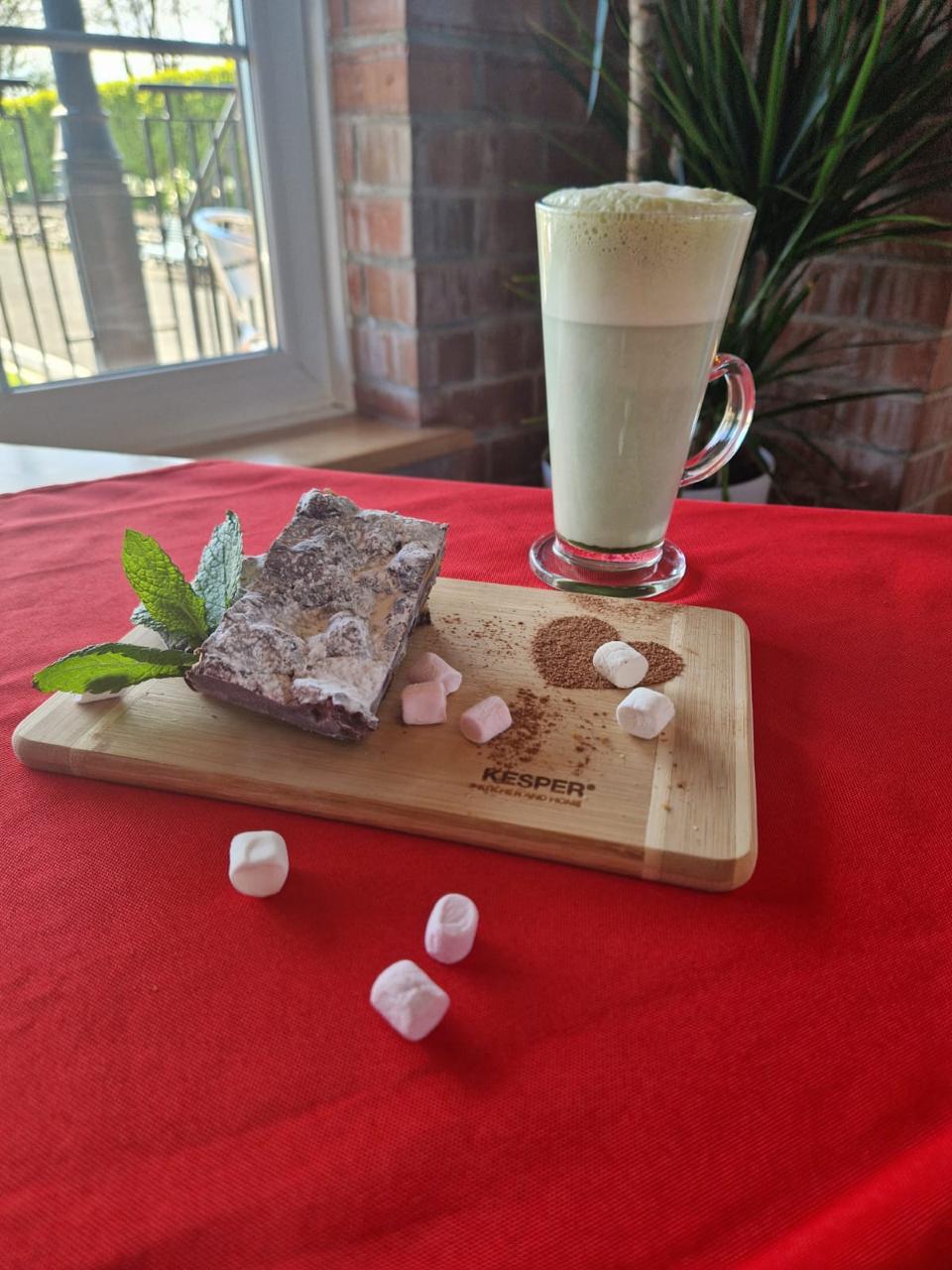 Rocky road brownie and matcha latte